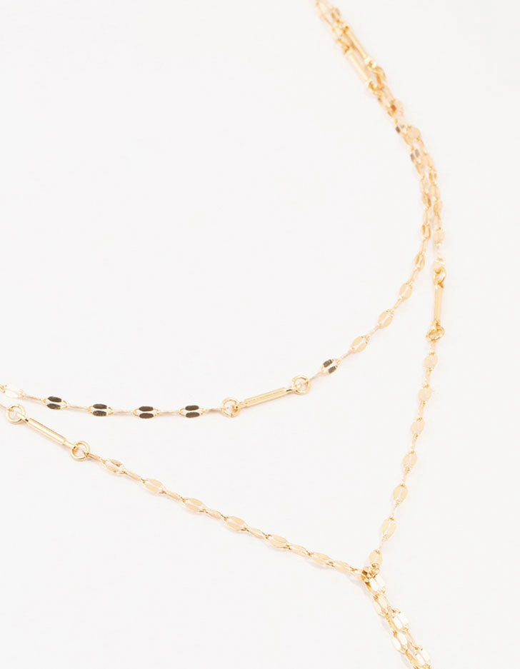Jeweled Adornment Gold Plated Flat Cable Layered Y-Necklace