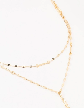 Jeweled Adornment Gold Plated Flat Cable Layered Y-Necklace