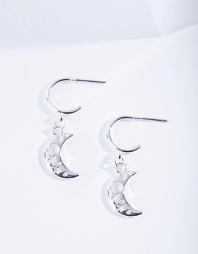 Silver Cut-Out Moon Hoop Earrings Delicate Accent
