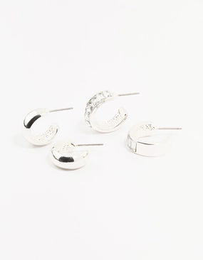 Silver Baguette & Diamante Hoop Earrings 2-Pack Stunning Feature Simple Element