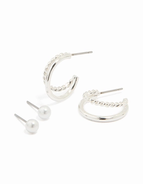 Pure Accent Fashion Edit Silver Pearl Stud & Twisted Double Hoop Earrings 2-Pack