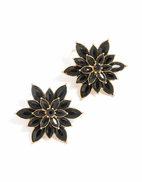 Gold Black Diamante Marquise Flower Stud Earrings Luxurious Appearance