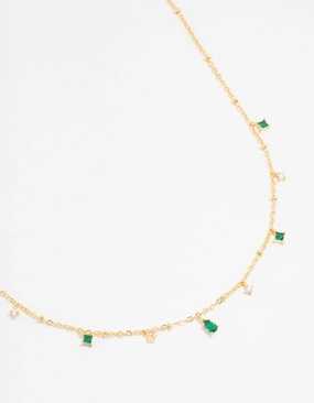 Gold Plated Cubic Zirconia Emerald Pear Dainty Station Necklace Elegant Look Wonderful Present