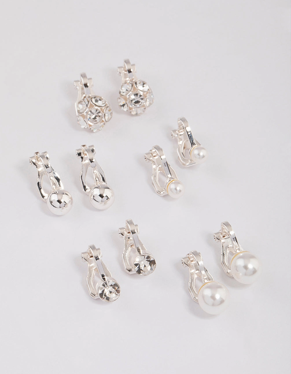 Effortless Elegance Silver Pearl & Diamante Ball Clip On Earrings 5-Pack