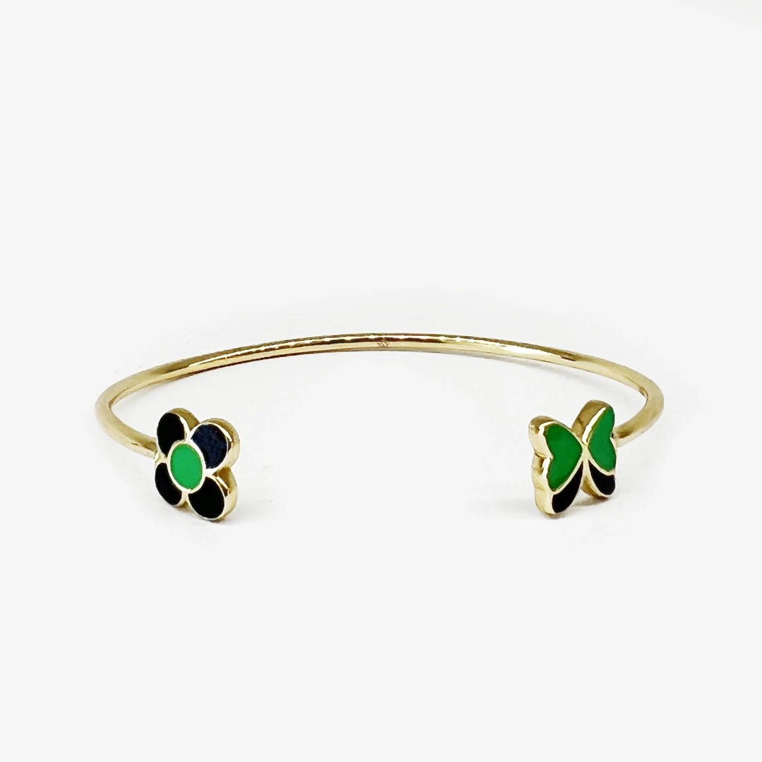 Amare Weaer Butterfly Flower Black & Green Enamel Cuff Bracelet Elegant Fashion