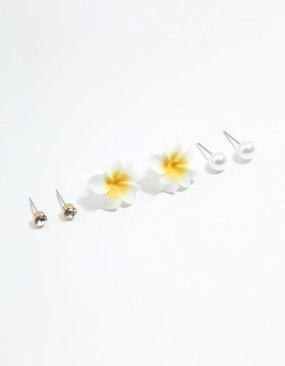 Silver Diamante Pearl & Frangipani Earrings 3-Pack Sparkling Must-Have Office Ornament