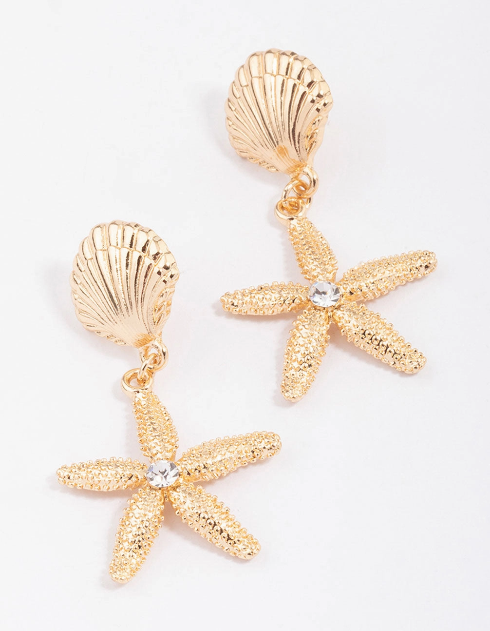 Polygonal Item Curved Accessory Gold Textured Shell & Starfish Drop Earrings
