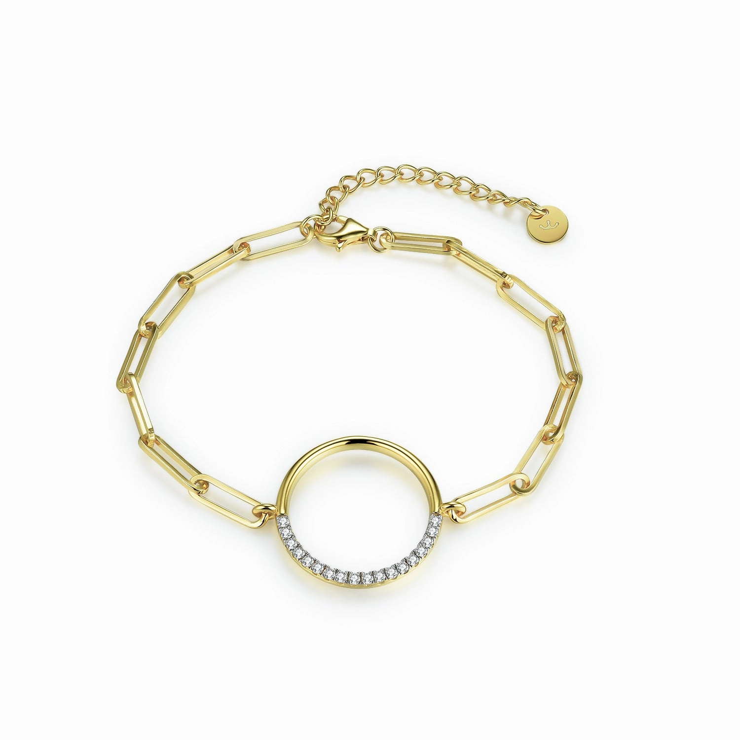 Purposefully Designed Respectable Pick Gold-Plated Sterling Silver Half CZ Circle Bracelet on Paperclip Chain