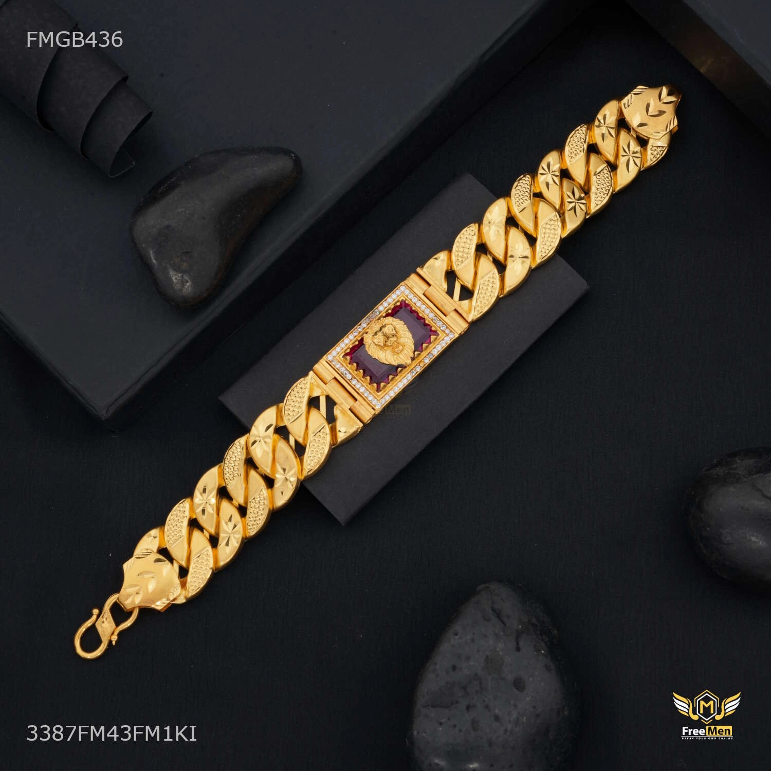 Exclusive Biography Modern View Lion Face AD Box with Pokel Gold Plated Bracelet  for Men - FMGB436