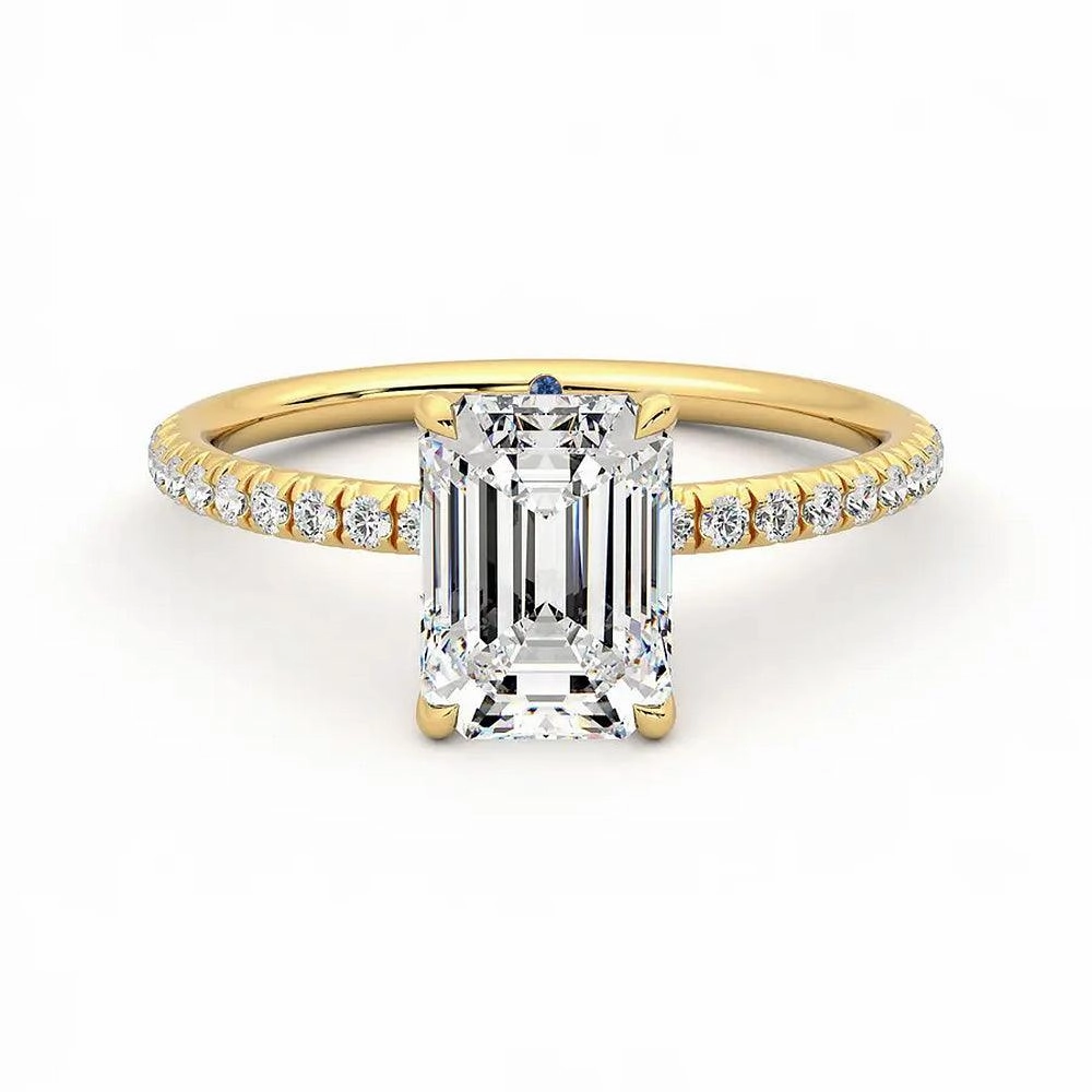 Minimal Contour Four Prong Emerald Cut Moissanite Engagement Ring with Hidden Anniversary Stone Accent