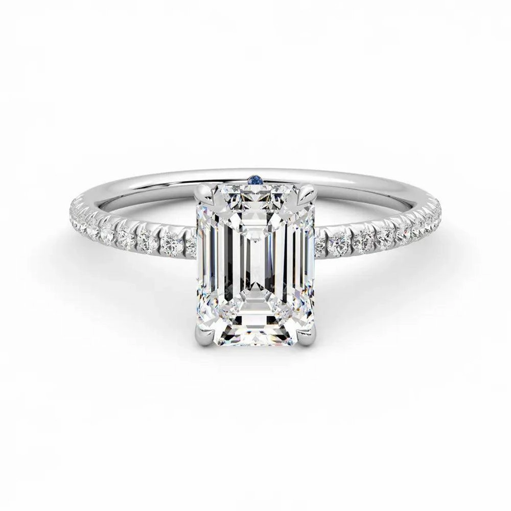 All Match Style Excellent Art Four Prong Emerald Cut Moissanite Engagement Ring with Hidden Anniversary Stone Accent
