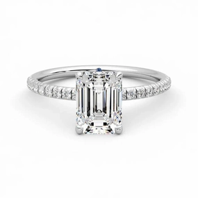 All Match Style Excellent Art Four Prong Emerald Cut Moissanite Engagement Ring with Hidden Anniversary Stone Accent