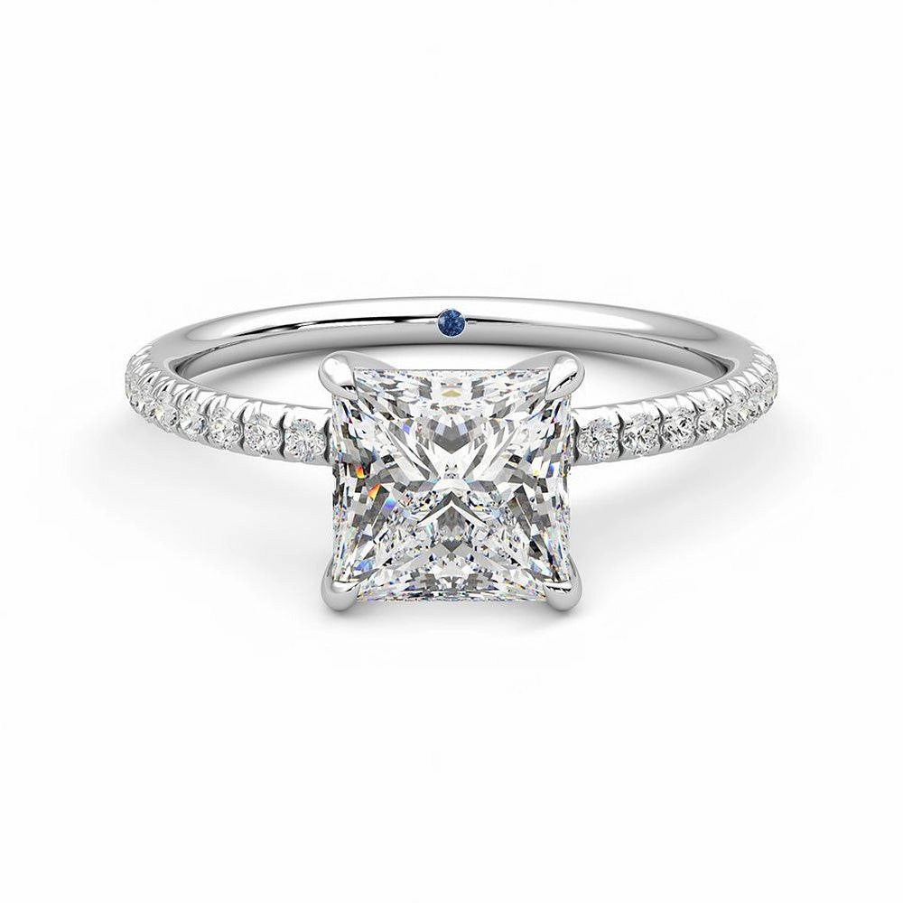 Four Prong Princess Cut Moissanite Engagement Ring with Hidden Anniversary Stone Accent Meaningful Embellishment