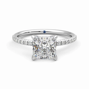 Handcrafted Ornament Four Prong Princess Cut Moissanite Engagement Ring with Hidden Anniversary Stone Accent