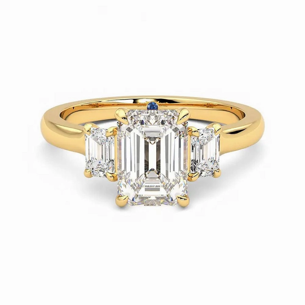 Four Prong Three Stone Emerald Cut Moissanite Engagement Ring with Hidden Anniversary Stone Accent Brand Name