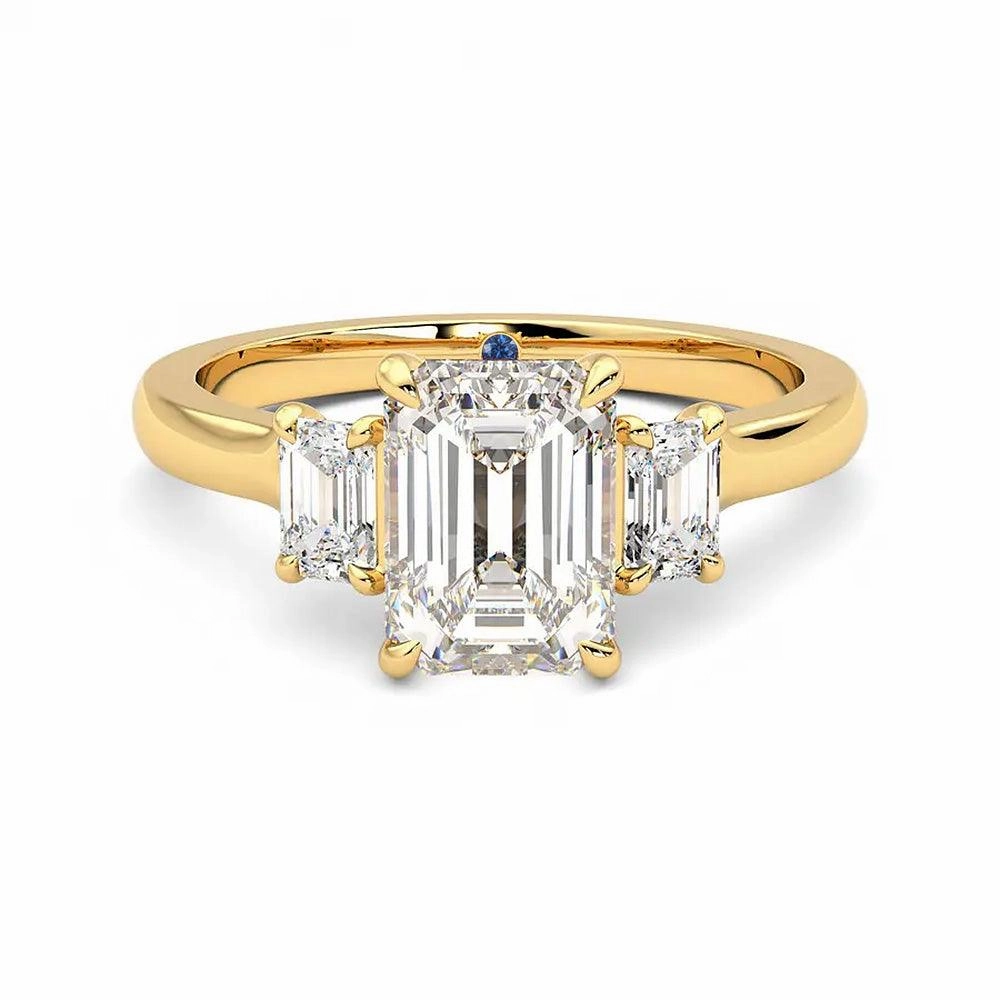 Four Prong Three Stone Emerald Cut Moissanite Engagement Ring with Hidden Anniversary Stone Accent Romantic Work