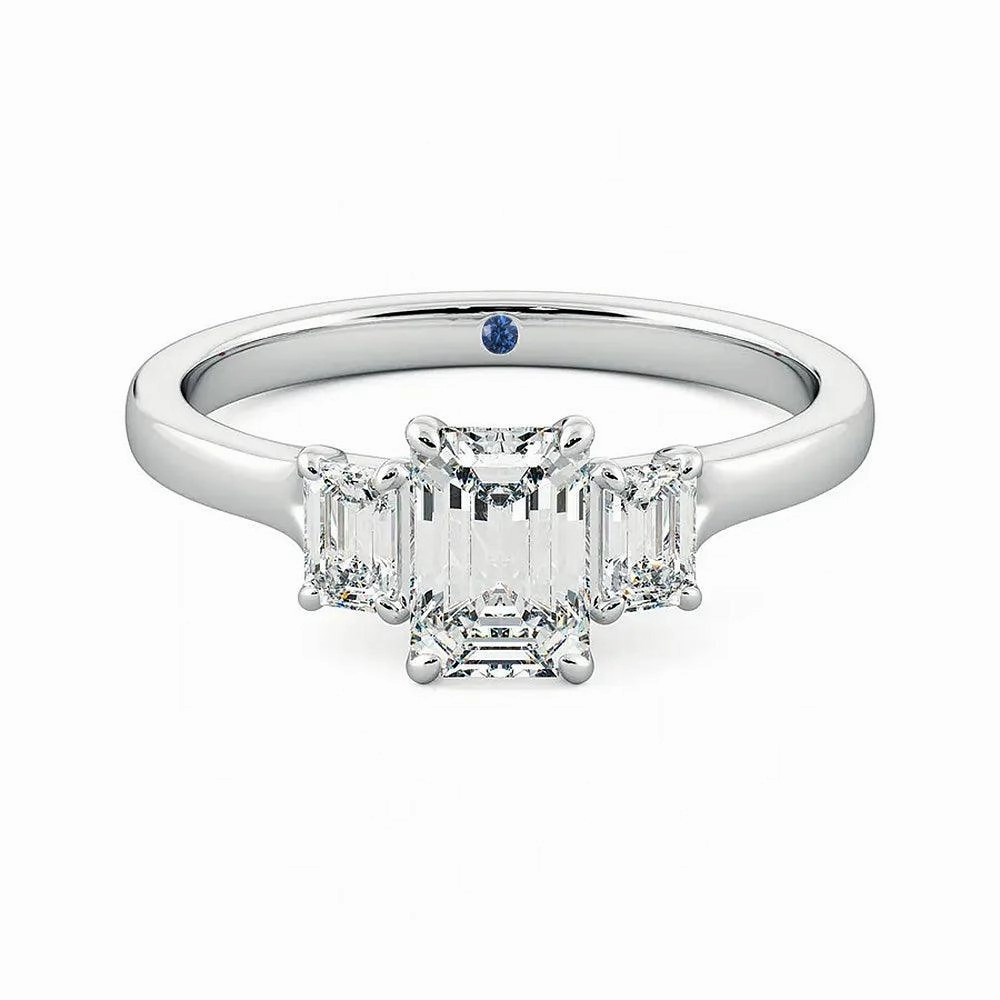 Four Prong Three Stone Emerald Cut Moissanite Engagement Ring with Hidden Anniversary Stone Accent Traditional Bauble