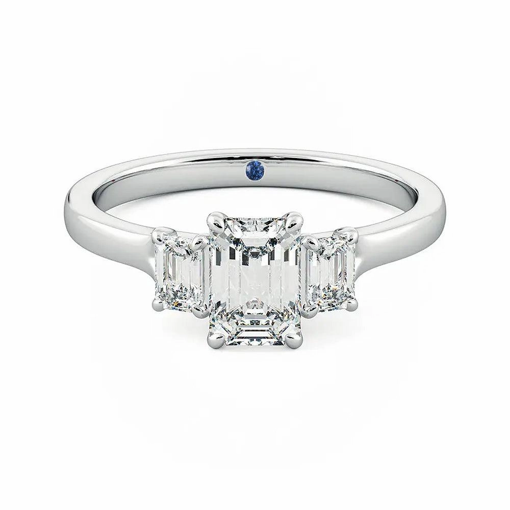 Couple Style Four Prong Three Stone Emerald Cut Moissanite Engagement Ring with Hidden Anniversary Stone Accent