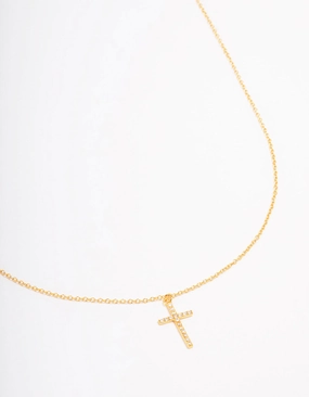 Jeweled Adornment Gold Plated Sterling Silver Pave Cross Pendant Necklace