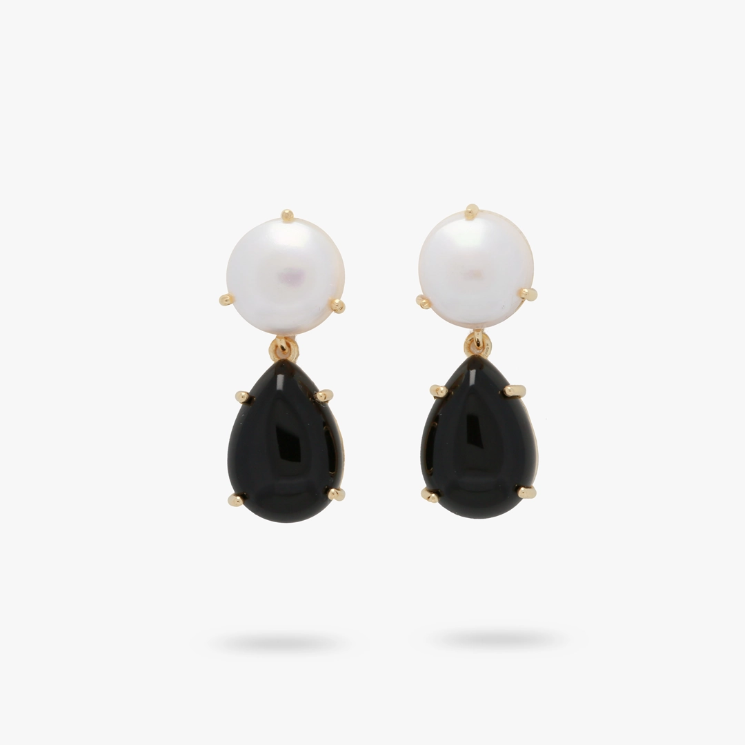 Freshwater Pearl and Teardrop Black Onyx Statement Earring Muted Details Delicate Frame