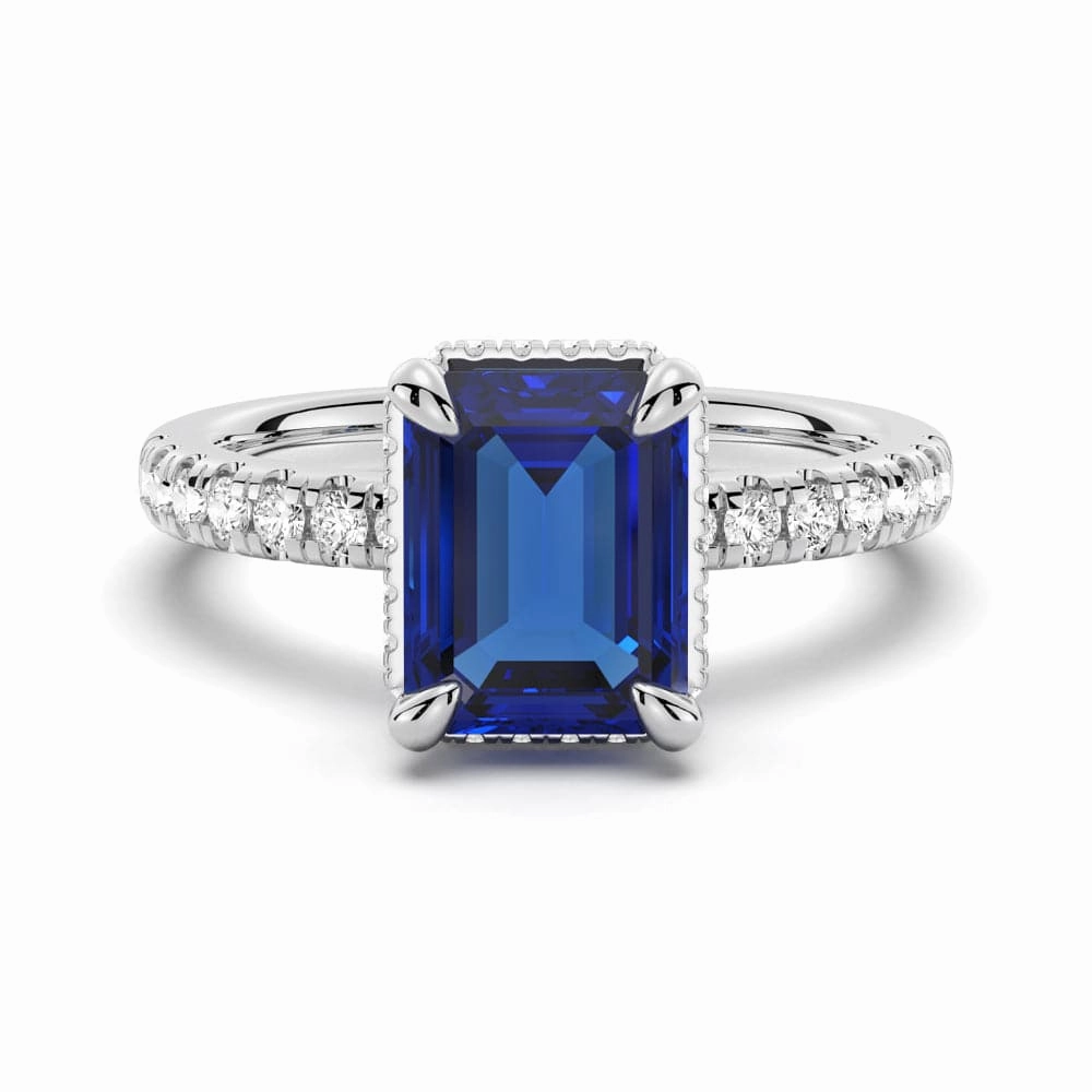 Emerald Cut Blue Sapphire and White Sapphire Ring Trendy Vibe