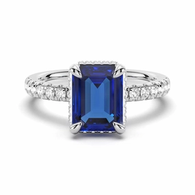 Emerald Cut Blue Sapphire and White Sapphire Ring Custom Sizable