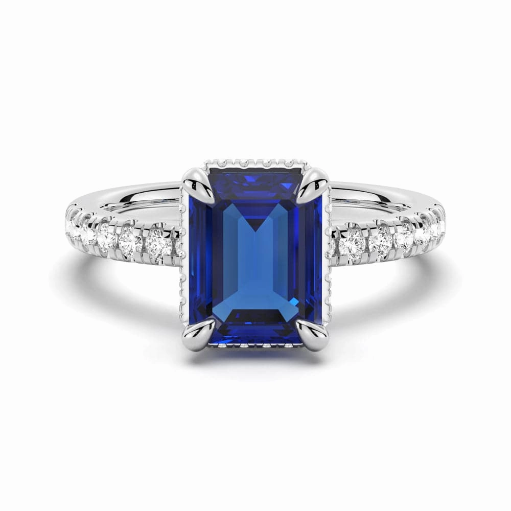 Emerald Cut Blue Sapphire and White Sapphire Ring Custom Sizable