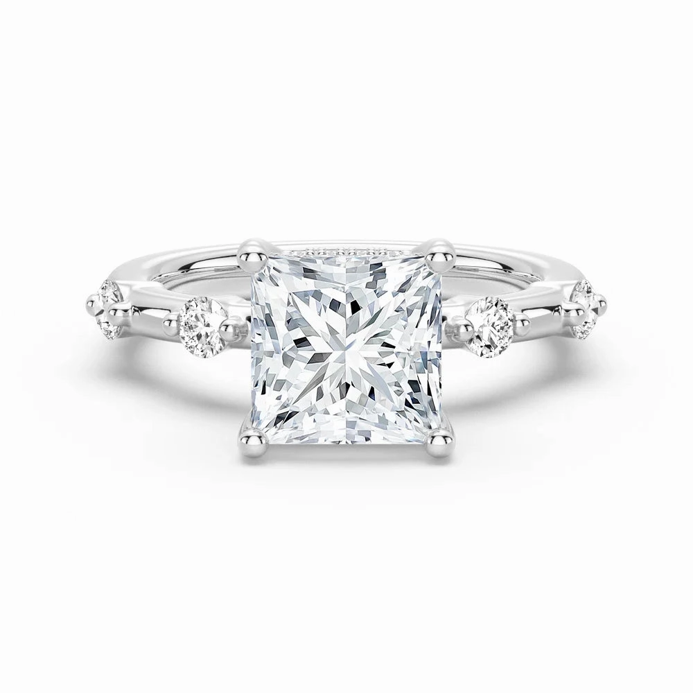 Princess Cut Moissanite Ring with Diamond Spaced Band and Hidden Halo Solid Construction