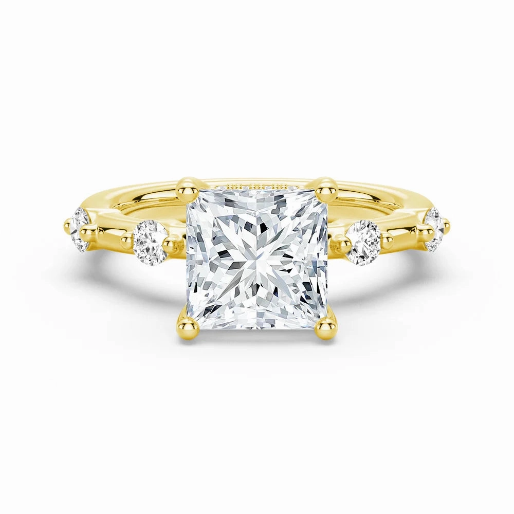 Princess Cut Moissanite Ring with Diamond Spaced Band and Hidden Halo Formal Accessory Sweet Accent