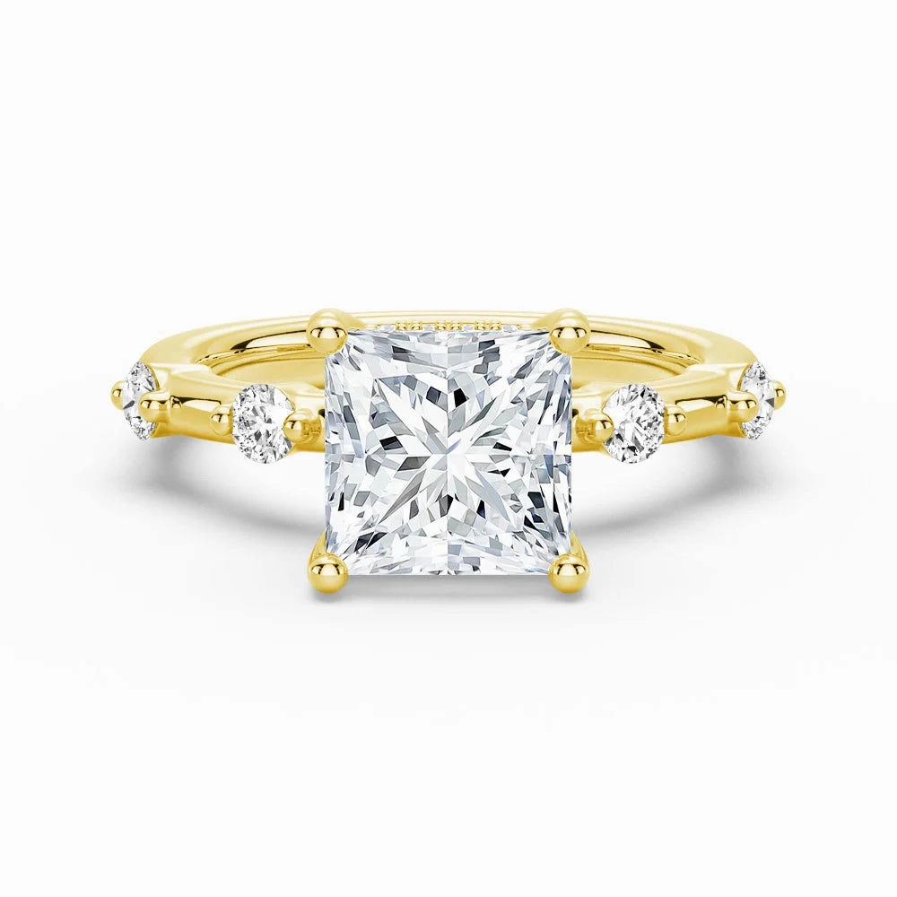 Romantic Work Princess Cut Moissanite Ring with Diamond Spaced Band and Hidden Halo