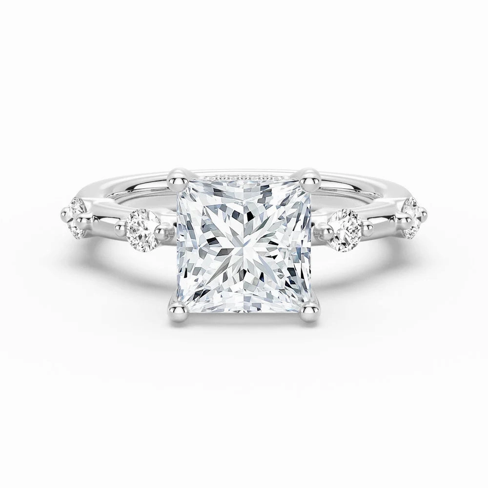Princess Cut Moissanite Ring with Diamond Spaced Band and Hidden Halo Numbered Edition