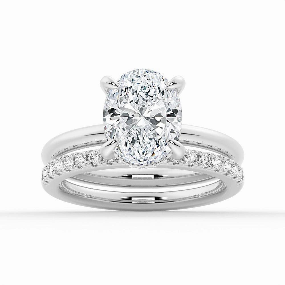 Oval Solitaire Hidden Halo Moissanite Ring Set with Matching Wedding Band Artistic Accessory