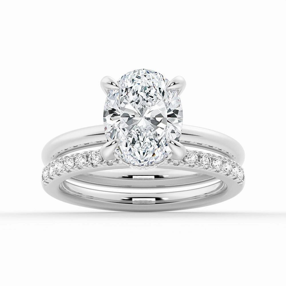 Fashionable Craft Oval Solitaire Hidden Halo Moissanite Ring Set with Matching Wedding Band