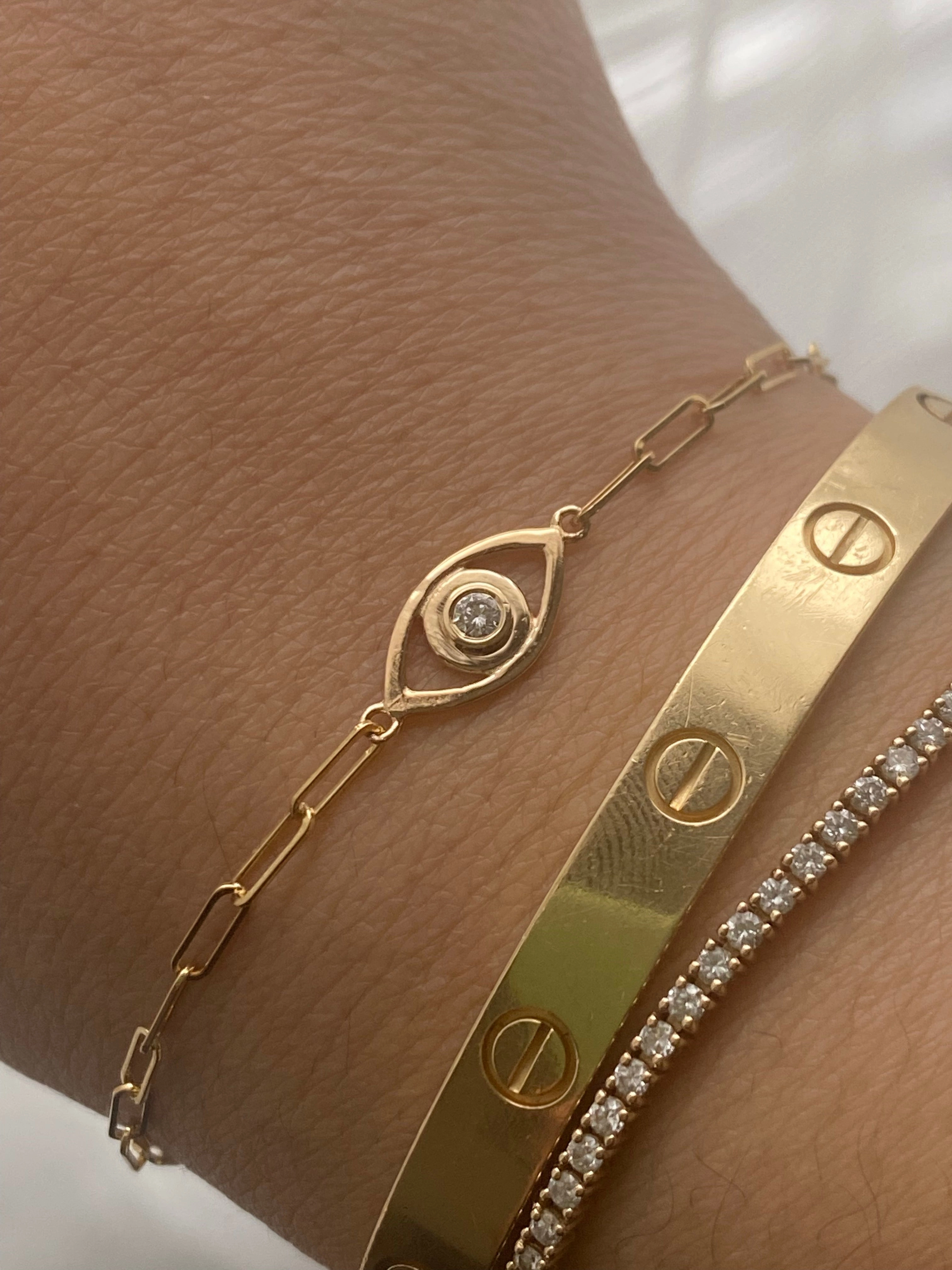 Shine And Style 14k Gold Evil Eye Paper Clip Chain Diamond Bracelet