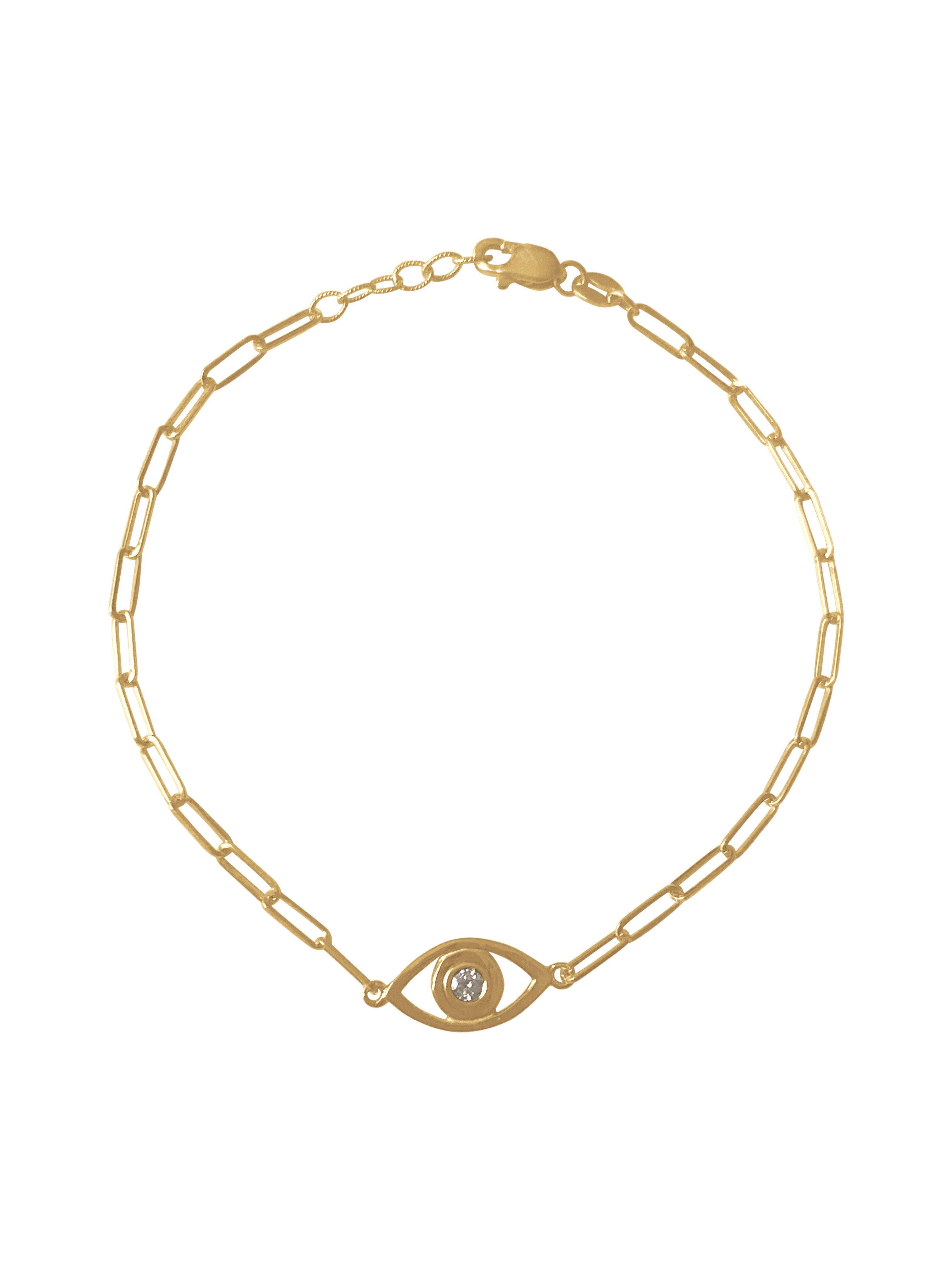 14k Gold Evil Eye Paper Clip Chain Diamond Bracelet Luxe Detail Dinner Party