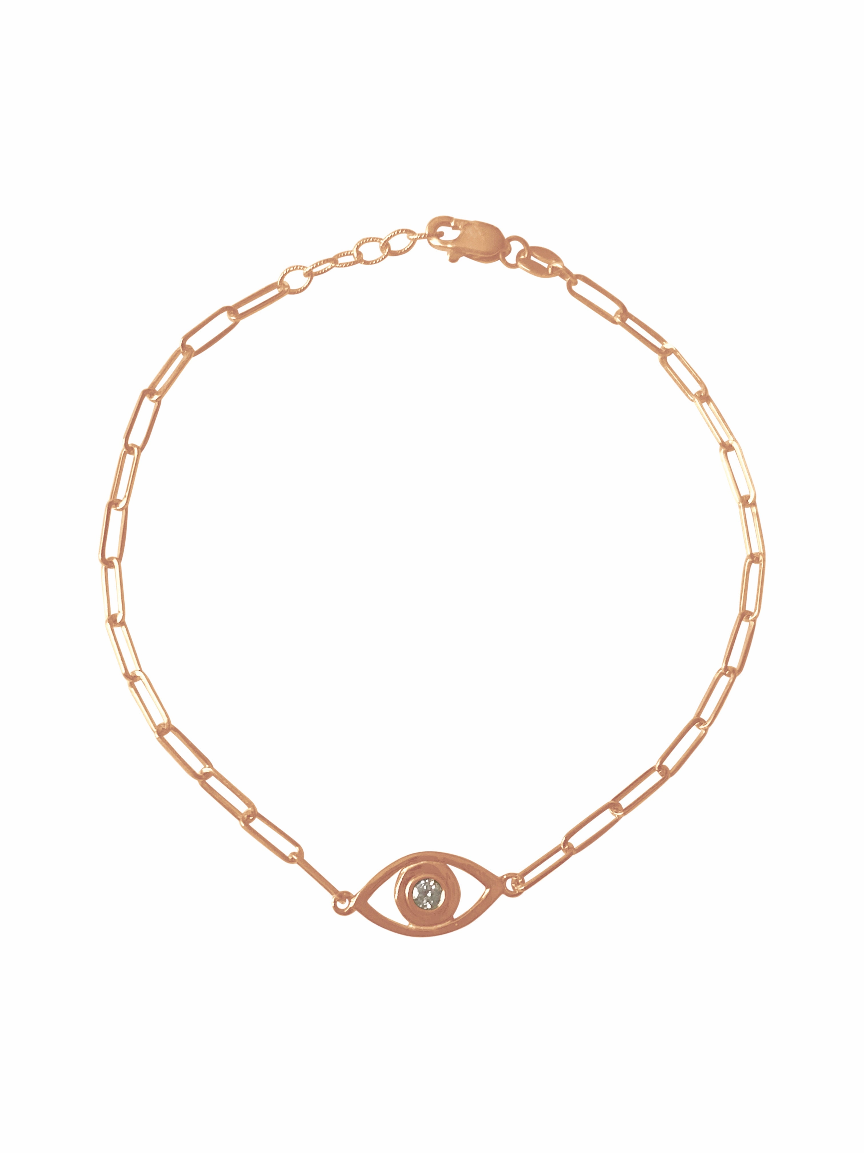 14k Gold Evil Eye Paper Clip Chain Diamond Bracelet Comfort Design