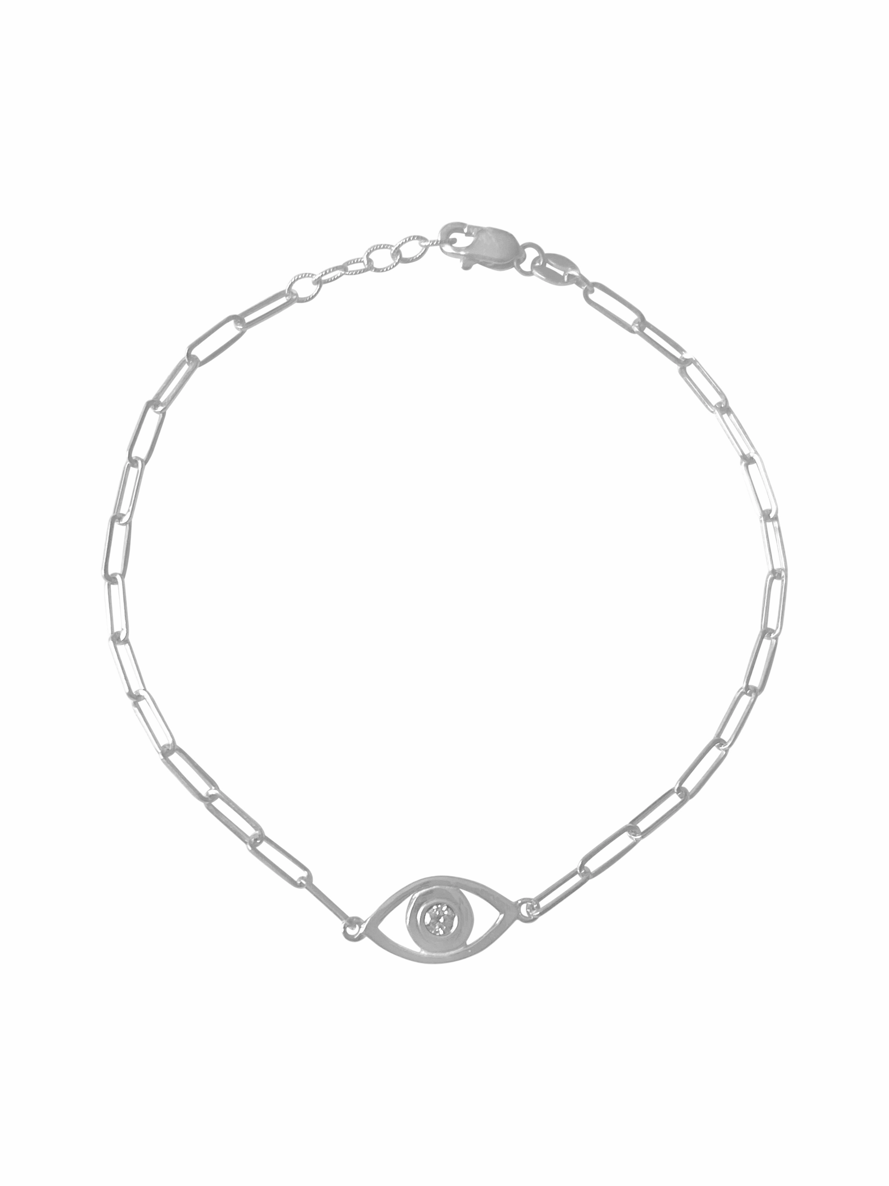 14k Gold Evil Eye Paper Clip Chain Diamond Bracelet Timeless Flow