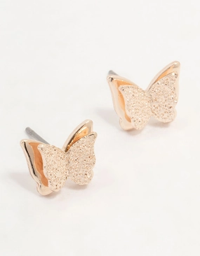 Rose Gold Sandblast Butterfly Stud Earrings Embellished Trinket