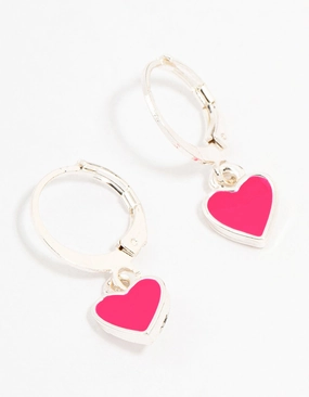 Sturdy Accent Silver Pink Heart Drop Huggie Earrings