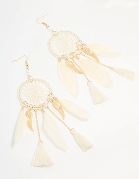 Polished Look Radiant Adornment Cream & Gold Feather Dreamcatcher Drop Earrings