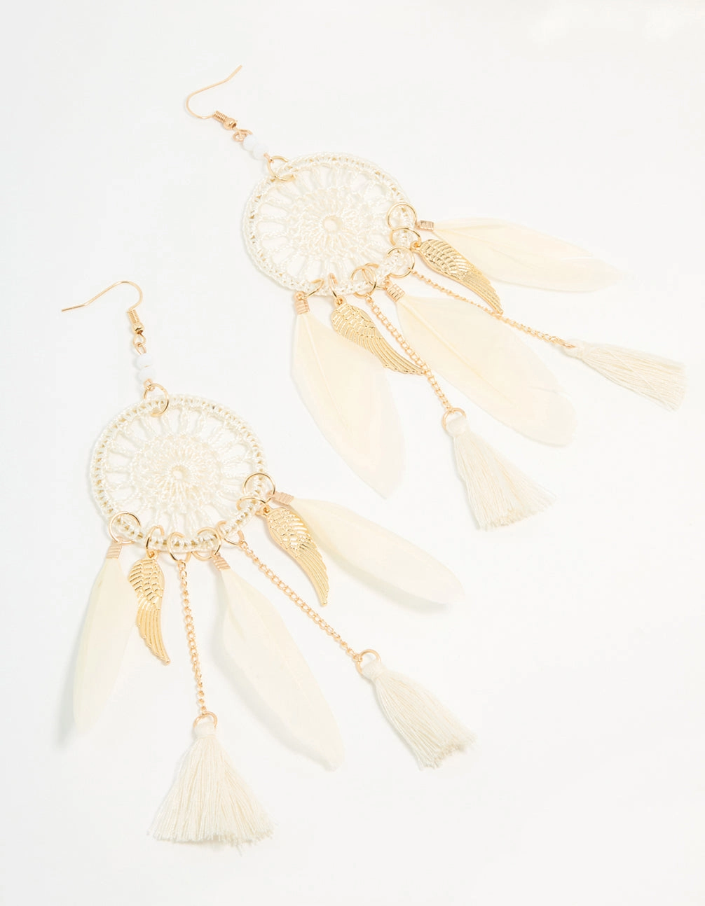 Polished Look Radiant Adornment Cream & Gold Feather Dreamcatcher Drop Earrings