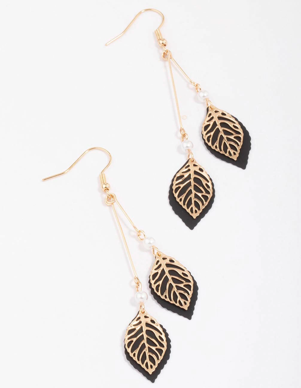 Timeless Adornment Gold & Black Filigree Diamante Leaf Drop Earrings