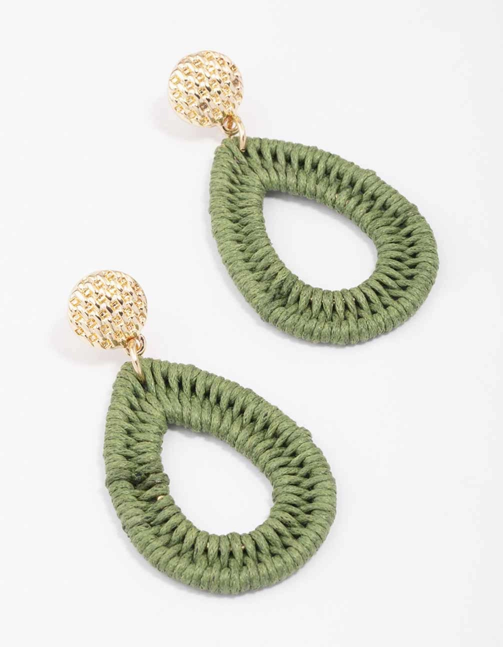 Gold & Green Oval Raffia Stud Drop Earrings Unique Adornment