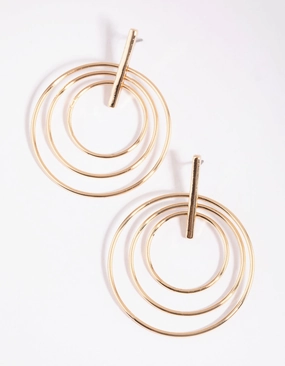 Gold Bar & Triple Circle Earrings Ornate Accent Linear Accent