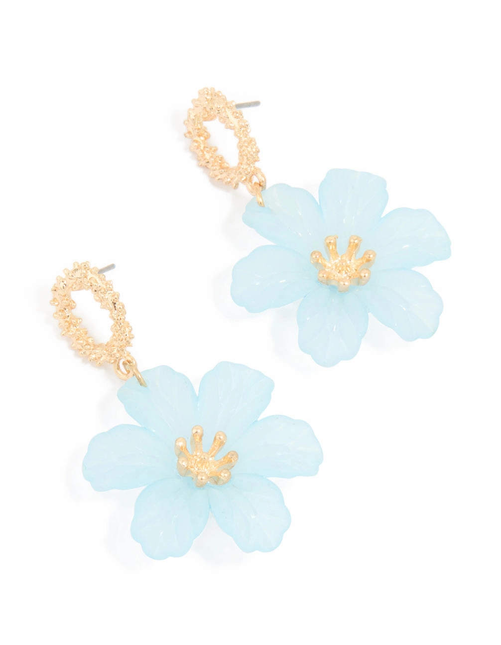 Pastel Accent Gold Blue Acrylic Flower Open Textured Drop Earrings