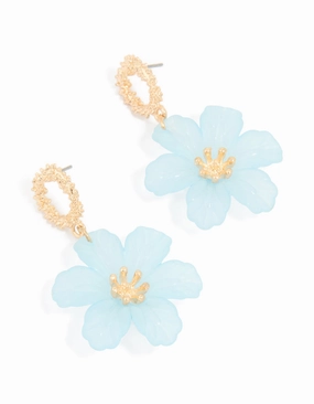 Pastel Accent Gold Blue Acrylic Flower Open Textured Drop Earrings