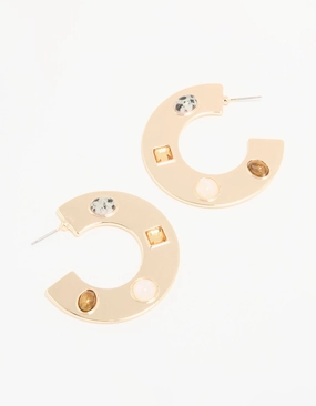 Gold Brown & Clear Stone Flat Hoop Earrings Wedding Ornament Splendid Jewelry