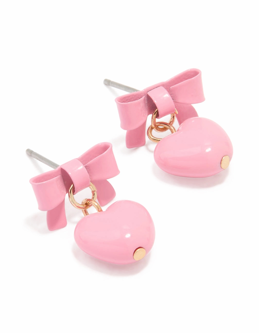Modern Aesthetic Gold Coated Metal Bow & Heart Drop Stud Earrings