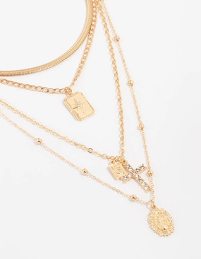 Soft Style Stylish Ornament Gold Cross Mixed Layered Necklace