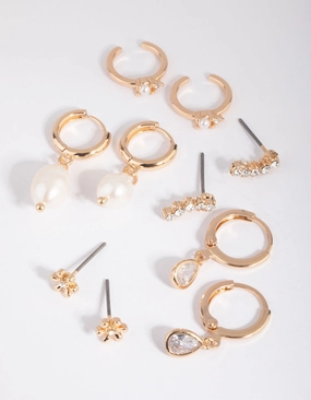 Classic Charm Gold Diamante & Freshwater Pearl Huggie Hoop Earring Stack Pack